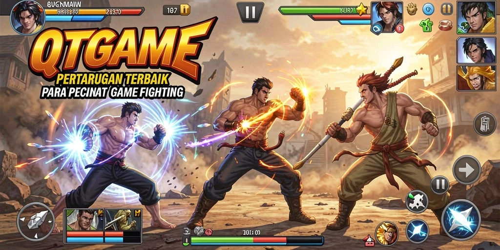 Screenshot QTGAME menampilkan pertarungan seru antara karakter-karakter unik.