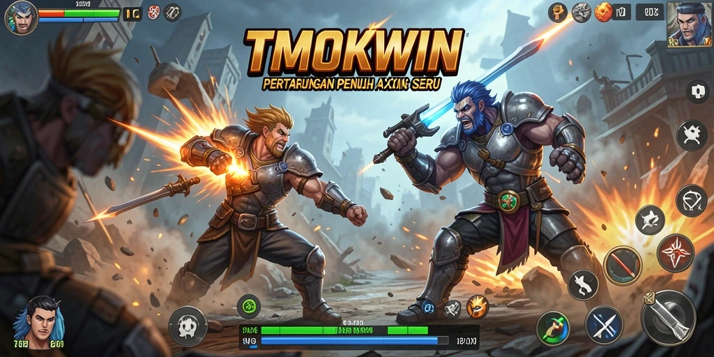 Tangkapan layar gameplay TMOKWIN menampilkan pertarungan seru dan karakter yang dinamis.