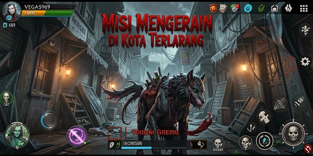 Screenshot gameplay VEGAS969 menampilkan suasana menyeramkan dalam misi horor.